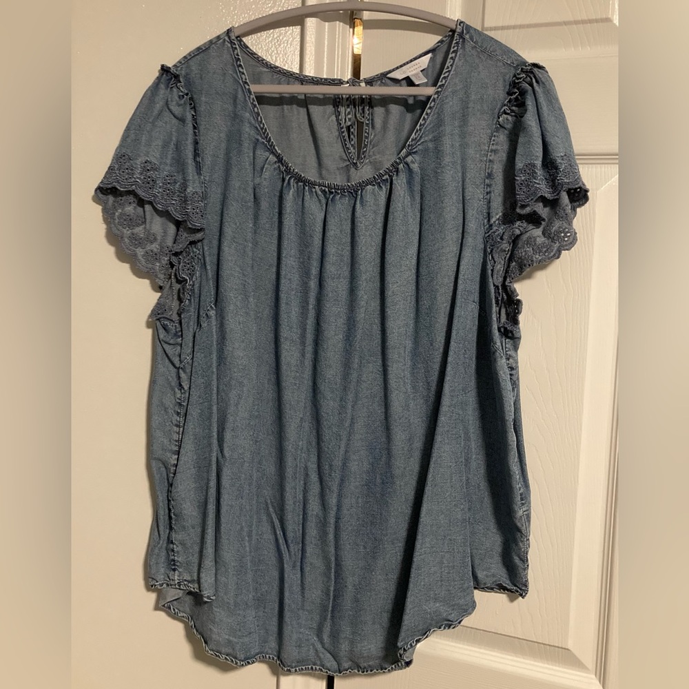 Lauren Conrad Detailed Sleeve Denim Chambray Top